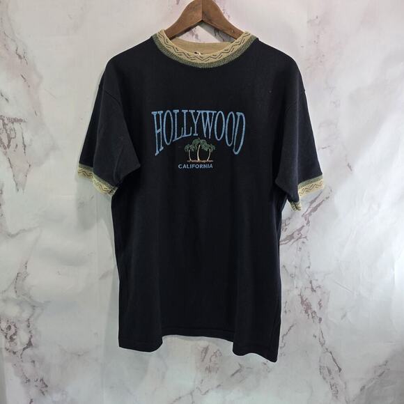 Vintage Hollywood T Shirt Mens XL 90s Knit Collar Embroidered Palm Textured - Picture 1 of 12